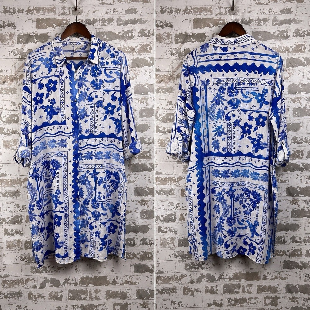 Joie Linen Blend L Shirt Dress Beach Cover Up Blue White Tropical Print Resort